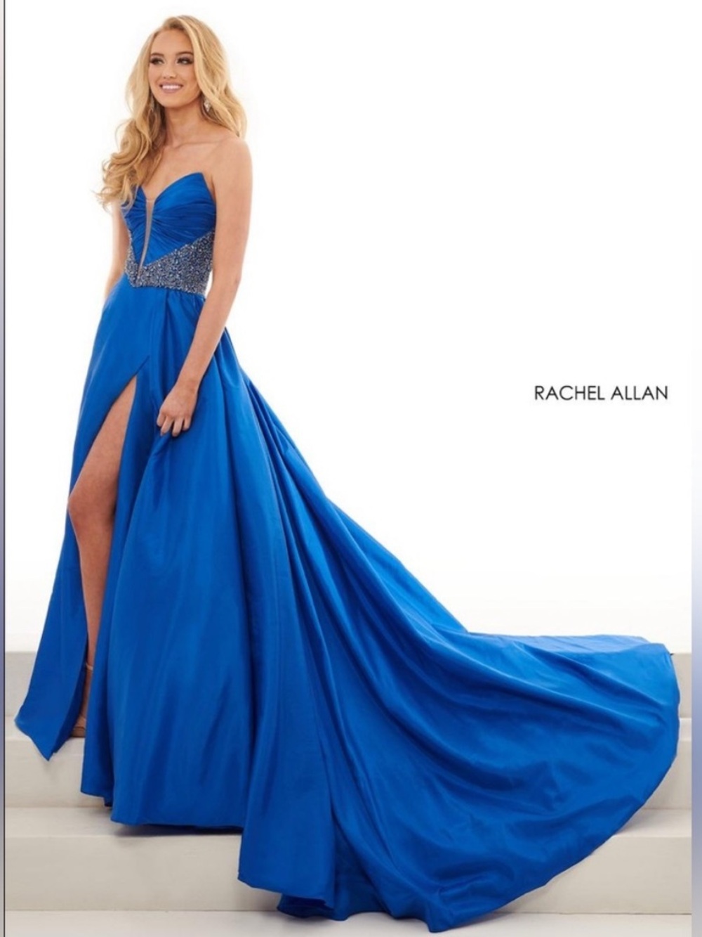Rachel Allan Stunning Blue Strapless Gown with Beaded Waist